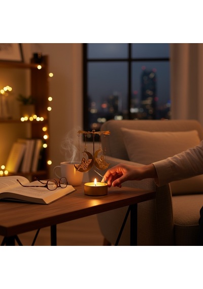 Dönence Tasarımlı Metal Tealight Mumluk Melek & Ay Figürlü Dekoratif Mumluk Gold