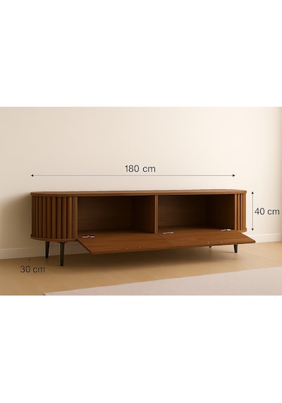 Linea 180 Lik Ovalli Çıtalı 2 Kapaklı Tv Ünitesi Ceviz Detaylı, 180 Cm, Duvara Monte Edilebilir Beyaz