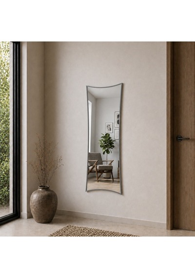 Modern Kavisli Boy Aynası 40x120 Cm Dalgalı Formlu Minimalist Dekoratif Duvar Aynası Gri