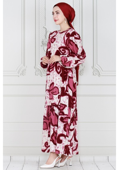 Sevitli Kuşaklı Lilyum Viscon Elbise-bordo-3999-bordo Bordo