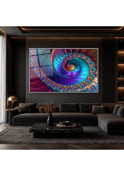 Mor Turkuaz Renkli Spiral Fraktal Kompozisyon Gümüş Çerçeveli Cam Tablo