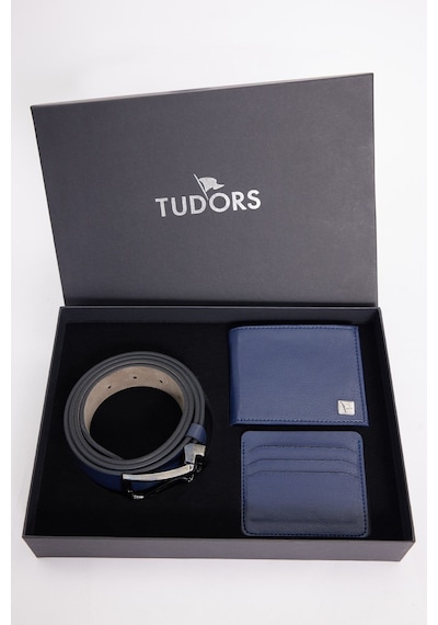 Tudors Özel Kutulu Erkek 3'lü Set Hediyelik - Çeyizlik - Cüzdan, Kartlık Ve Kemer Seti-52849 Lacivert