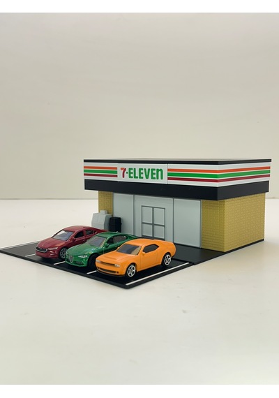 3d Baskı 1/64 Ölçekli 7 Eleven Bina Tasarımlı Diorama Araç Sergileme Garajı