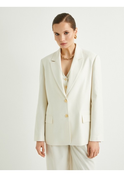 Koton Blazer Ceket Düğmeli Standart Kesim Sim Şerit Detaylı Bej Çizgili 4sak50138uw Ekru