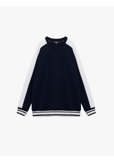 Koton Pamuklu Renk Kontrastlı Uzun Kollu Bisiklet Yaka Sweatshirt Lacivert 7wam70047mk