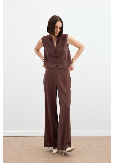 Sateen Yüksek Bel Keten Pantolon - Kahve-136164 Kahve
