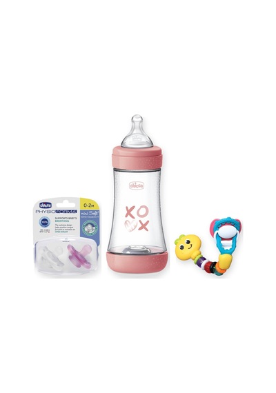Beslenme Başlangıç Seti 3 Parça: Chicco Biberon + Chicco Emzik + Infantino Emzik Tutucu - Pembe