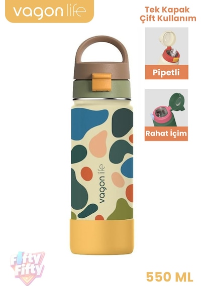 550 Ml Desenli Tek Kapak Çift Kullanım Pipetli Rahat İçim Kulplu Paslanmaz Çelik Termos 1109-550ml Bej