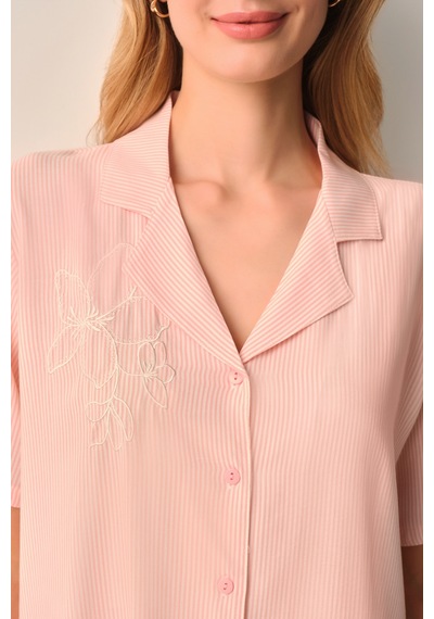 Suwen Stripe Gömlek Yaka Pijama Takımı Sh26539660b919 Pembe
