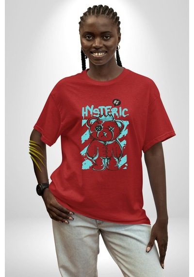 Histerik Pamuklu Bisiklet Yaka Unisex Oversize Boyfriend Dijital Baskılı Kırmızı T-shirt Kırmızı