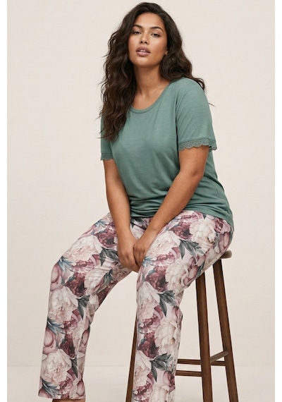 Siyah İnci Desenli Büyük Beden Battal Boy Viskon Örme Pijama Takım 26120987 Yeşil