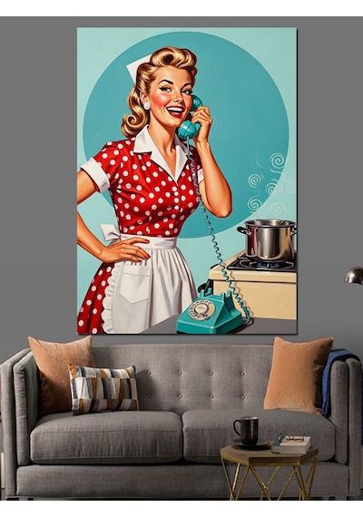 Telefonda Konuşan Retro Kadın Dekoratif Kanvas - Mdf Ahşap Tablo