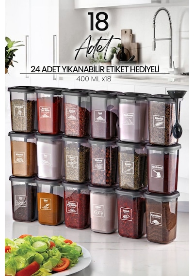 KitchenLife Azure Etiketli Kendinden Kaşıklı Baharatlık Seti 18'li Antrasit - Şeffaf