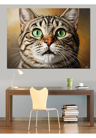 Ahşap Tablo Yakın Plan Meraklı Kedi Portresi
