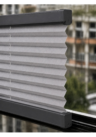 Plise Perde Açık Gri Kumaş + Antrasit Profil Kasa Cam Balkon Perdesi