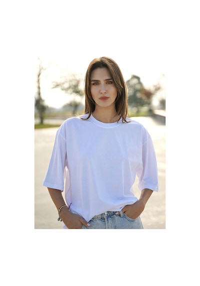 Parshey Oversize Unisex Beyaz Yarım Kollu Bisiklet Yaka %100 Pamuk Baskısız T-shirt Beyaz