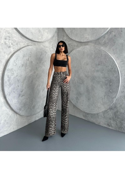 Zeo Basic Wide-leg Pantolon Leopar Desnli Bej Bej