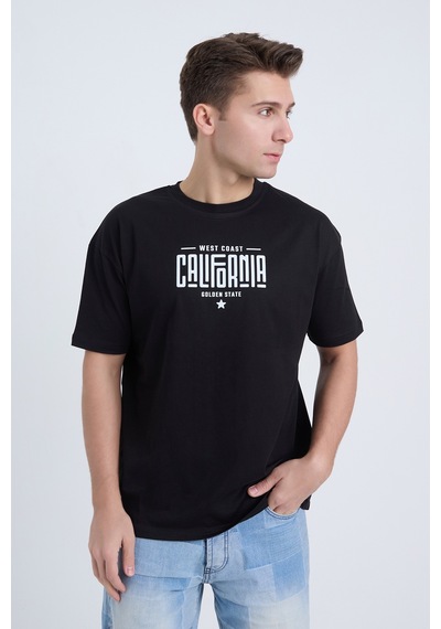 Erkek Oversize Baskılı T-shirt Siyah California Siyah
