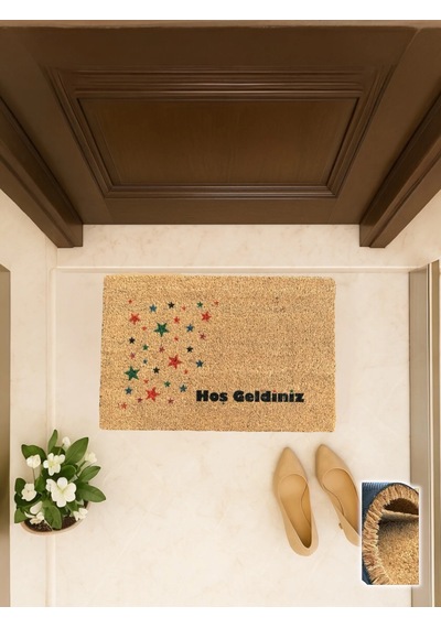 Stelle Colorate 40x60 Cm, Renkli Yıldız Desenli Kapı Önü Koko Paspası Modern Tarz, Kaymaz Taban Açık Kahverengi Stelle Colorate 40x60 Cm, Renkli Yıldız Desenli Kapı Önü Koko Paspası Modern Tarz, Kaymaz Taban Açık Kahverengi