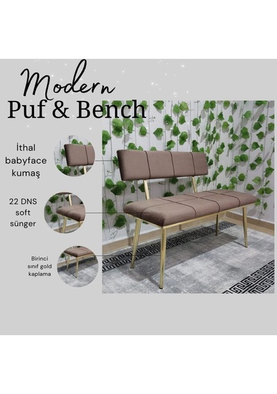 Özcan Metal Metal Ayaklı Metal Kasalı Sırtlı Gold Mutfak Salon Antre Yatak Odası Puf Bank Oturak Bench Kahverengi