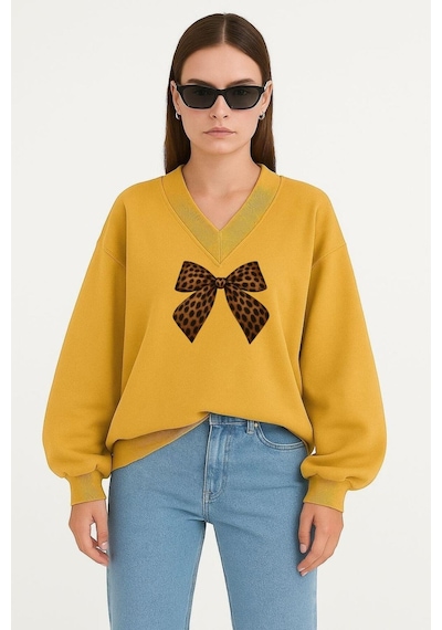 Benroma Kurdela Baskılı Ünisex V Yaka Sweatshirt Sarı