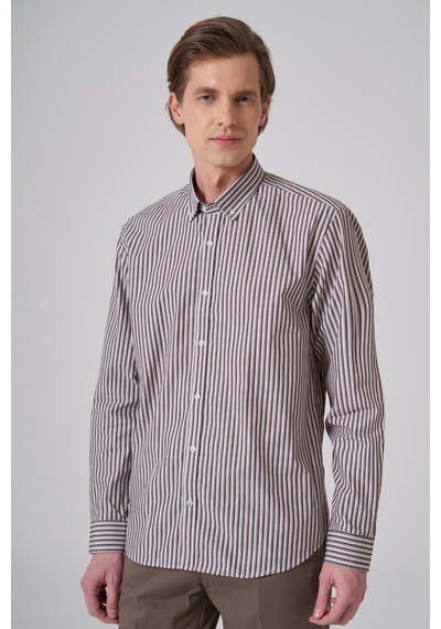 Morven Erkek Kahve Pamuk Trend Çizgili Dynamic Fit Düğmeli Yaka Gömlek 26ms004011400 Kahve