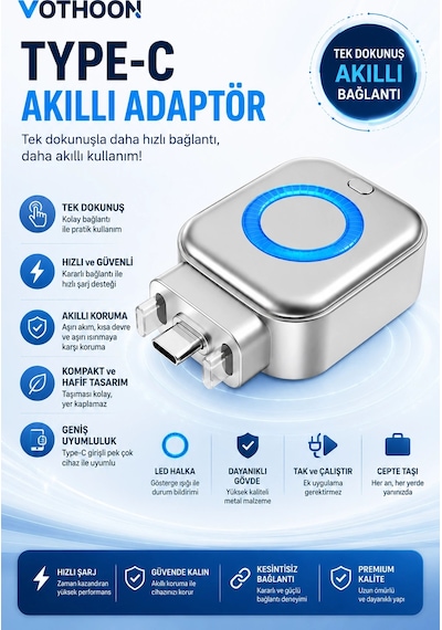 Akım Korumalı Type-c Akıllı Şarj Ayırıcı Otomatik Şarj Kesici Batarya Koruma Adaptörü Hızlı Şarj Des