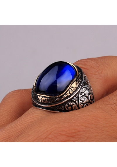 Kalem İşleme Motifli Oval Model Zirkon Taşlı Gümüş Yüzük