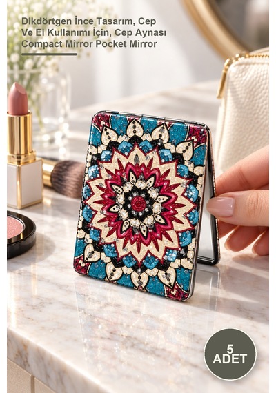 5 Adet Taşlı El Aynası Dikdörtgen İnce Tasarım, Cep Ve El Kullanımı İçin, Cep Aynası Compact Mirror Pocket Mirror Genel