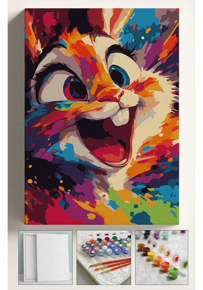 Sayılarla Boyama Seti Numaralı Tuval Fırça Boya Dahil Kasnaklı Set 40x50 Cm - Renkli Tavşan