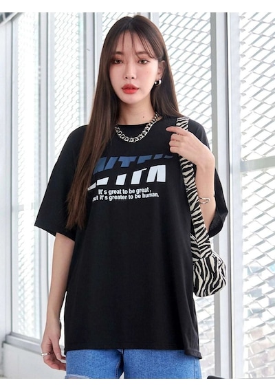 Wtfk T-shirt - Siyah Baskılı Oversize Bisiklet Yaka Kısa Kol Siyah