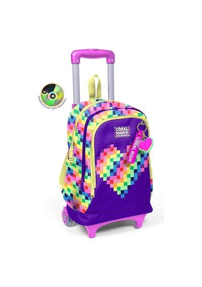Coral High Kız Çocuk Mor Piksel Kalp Desenli Işıklı Tekerlekli Çekçek Okul Çantası - 34008