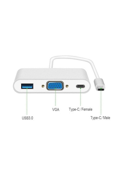 Type-c - Usb 3.0, Vga, Type-c Adaptör Kablosu 3in1 Hub