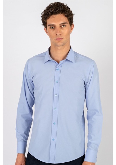 Tudors Modern Slim Fit Poplin Pamuk Efekt Erkek Gömlek-23061 Mavi