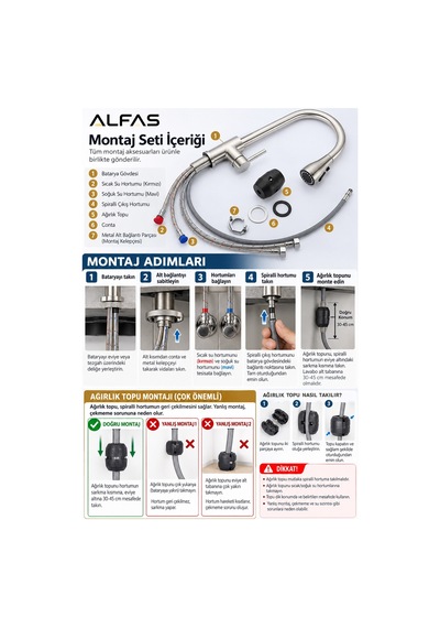 Alfas Spiralli Mutfak Eviye Bataryası İnox 3 Buton Fonksiyonel Yağmurlama Basınçlı 304 Çelik Inox