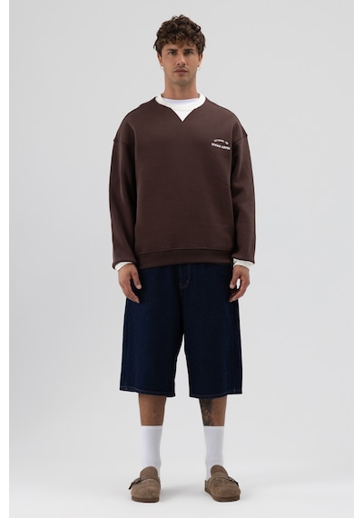 Vamos Oversize Bisiklet Yaka Baskılı Sweatshirt V70-91 Kahve