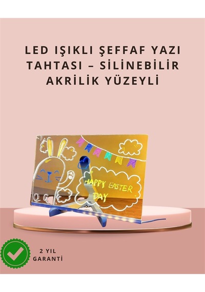 Led Işıklı Şeffaf Yazı Tahtası Neon Etkili Akrilik Pano, Silinebilir, 7 Renkli Kalemli, 30x20 Cm
