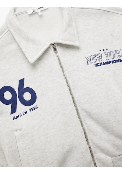 Koton Şardonlu Uzun Kollu Cepli Arkası Baskılı Fermuarlı Sweatshirt Kar Melanj 6wal10203ık Gri Melanj
