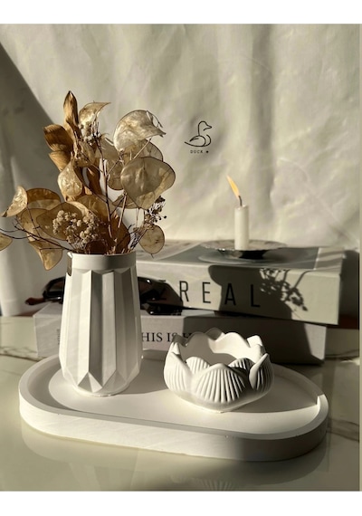 Geometrik Desenli Vazo Ve Lotus Çiçek Görünümlü Dekoratif Set