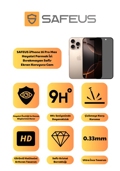 Safeus Tam Kaplayan Hayalet Parmak İzi Bırakmayan Safir Ekran Koruyucu Cam , Apple Uyumlu iPhone 16 Pro Max İle