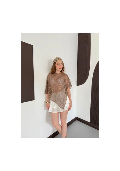 Verymoda Asimetrik Kesim Yarasa Kol Pullu Bluz D3118 Kahve