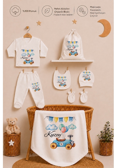 Pia Baby Kişiye Özel %100 Pamuk Erkek Bebek Hastane Çıkışı Zıbın Seti 8 Parça Kese Hediyeli 2071zybk0x Ekru