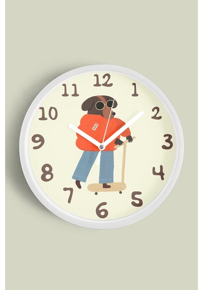Kaykay Yapan Köpek Çocuk Odası Modern Duvar Saati - 42cm - Önü Camlı Beyaz Kasa - Sessiz Mekanizma Beyaz