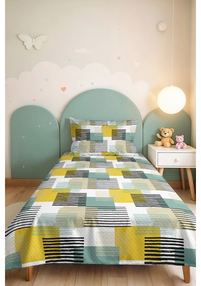 Geometrik Sarı Genç Odası Tek Kişilik Pike Takımı - Mint Çizgili 160x220 Cm Kapitone Yatak Örtüsü Ilık Amber Işıltısı