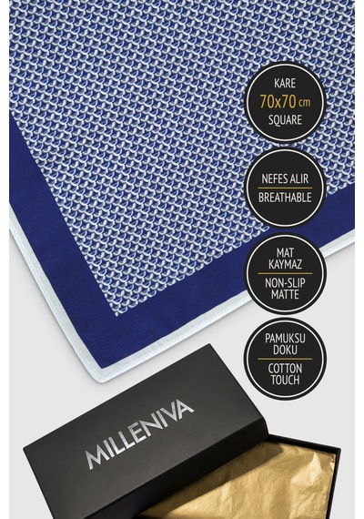 Milleniva Mikro Pul Desenli Mavi Beyaz 70x70 Soft Touch Mat Kare Fular