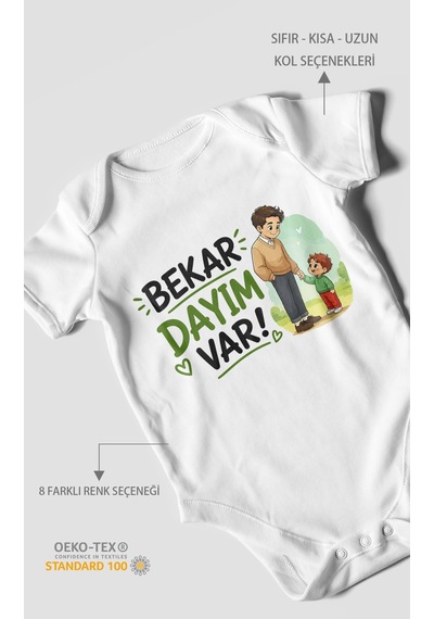 Morivokids Bekar Dayım Var Kısa Kollu Bebek Body %100 Pamuk Beyaz