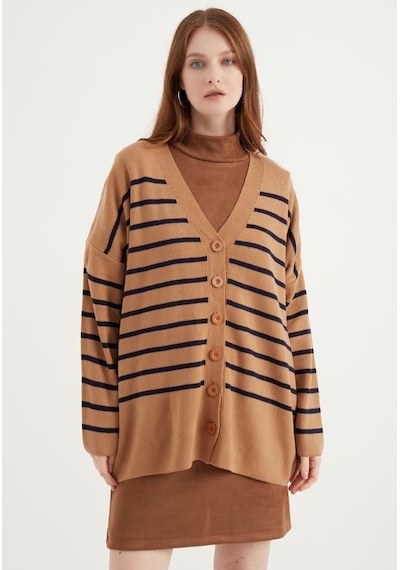 Cizgili Oversize Camel Hırka 23aj0050 Camel