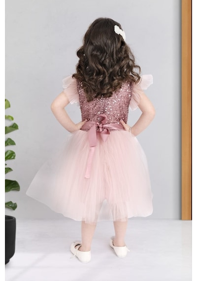 Küpeli Pul Payet Tüllü Kız Çocuk Elbise Mnk0526 001