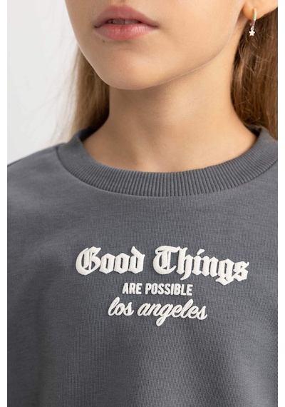 Defacto Kız Çocuk Baskılı Crop Bisiklet Yaka  Sweatshirt Askılı Atlet 2'li Takım B2517A823WNGR449 Gri
