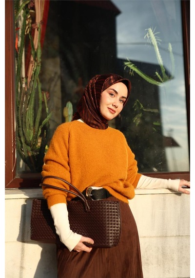Silk Home Twill İpek Eşarp Kahverengi Mercan Geometrik Desenli Tok Duruşlu 90x90 Çok Renkli